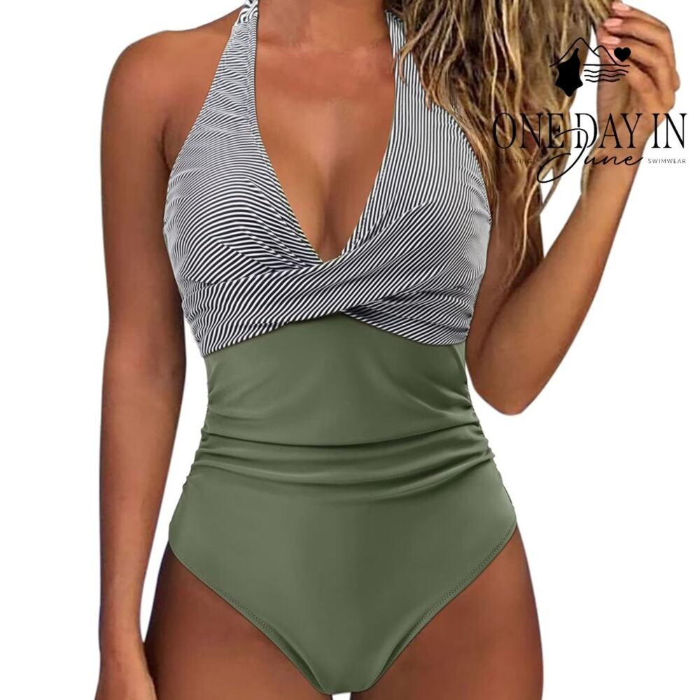 Aleumdr Twist Front Halter One Piece Swimsuit Size L